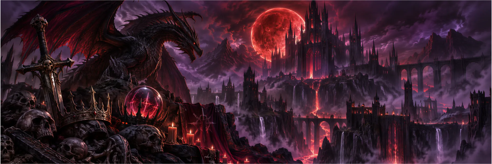 Dragon overlooking a dark fantasy citadel