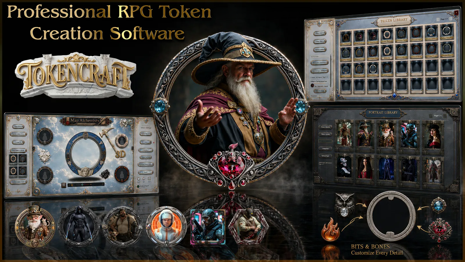 TokenCraft presentation showing the authentic token creation software interface and fantasy token artwork